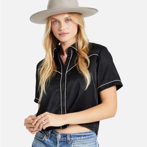 Brixton Tops - Brixton Hyde Satin Black Button Down Shirt with White Piping Crop